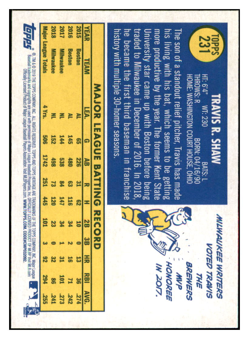 2019 Topps Heritage Travis Shaw Milwaukee Brewers #231 Baseball card TMH1B_1b simple Xclusive Collectibles