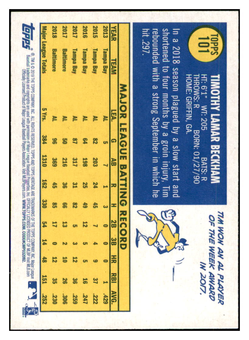 2019 Topps Heritage Tim Beckham Baltimore Orioles #101 Baseball card TMH1B simple Xclusive Collectibles