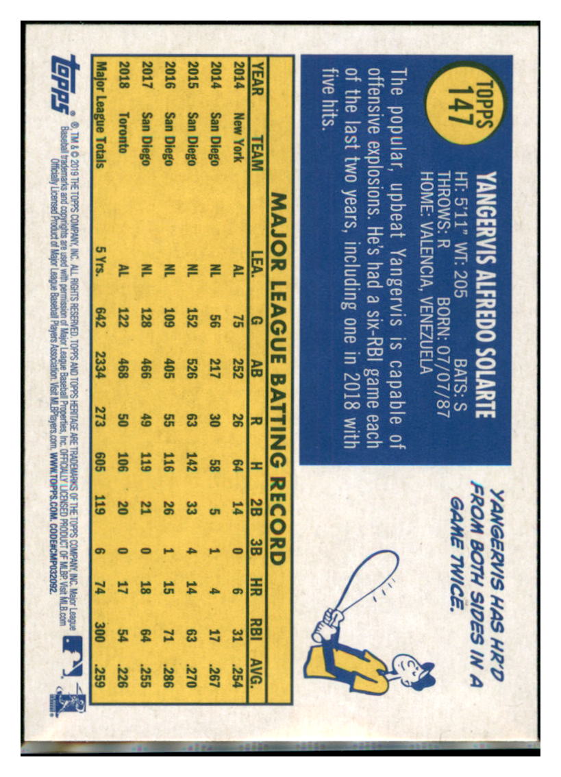 2019 Topps Heritage Yangervis
Solarte Toronto Blue Jays #147
Baseball card TMH1B simple Xclusive Collectibles