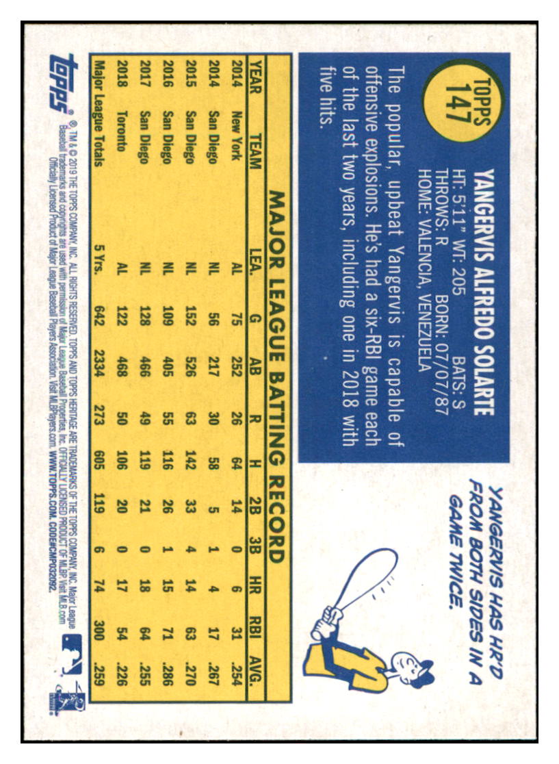 2019 Topps Heritage Yangervis
Solarte Toronto Blue Jays #147
Baseball card TMH1B_1a simple Xclusive Collectibles