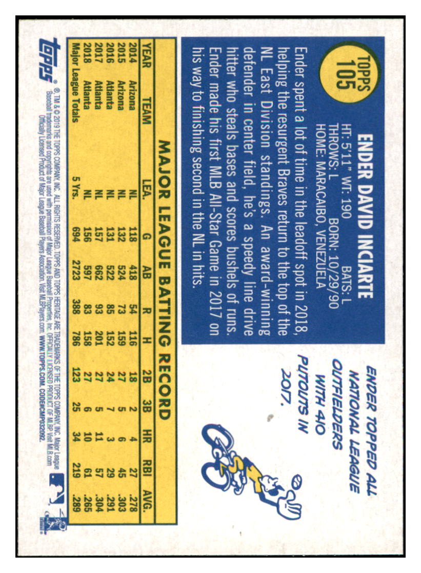 2019 Topps Heritage Ender Inciarte    Atlanta Braves #105 Baseball card    TMH1B_1b simple Xclusive Collectibles