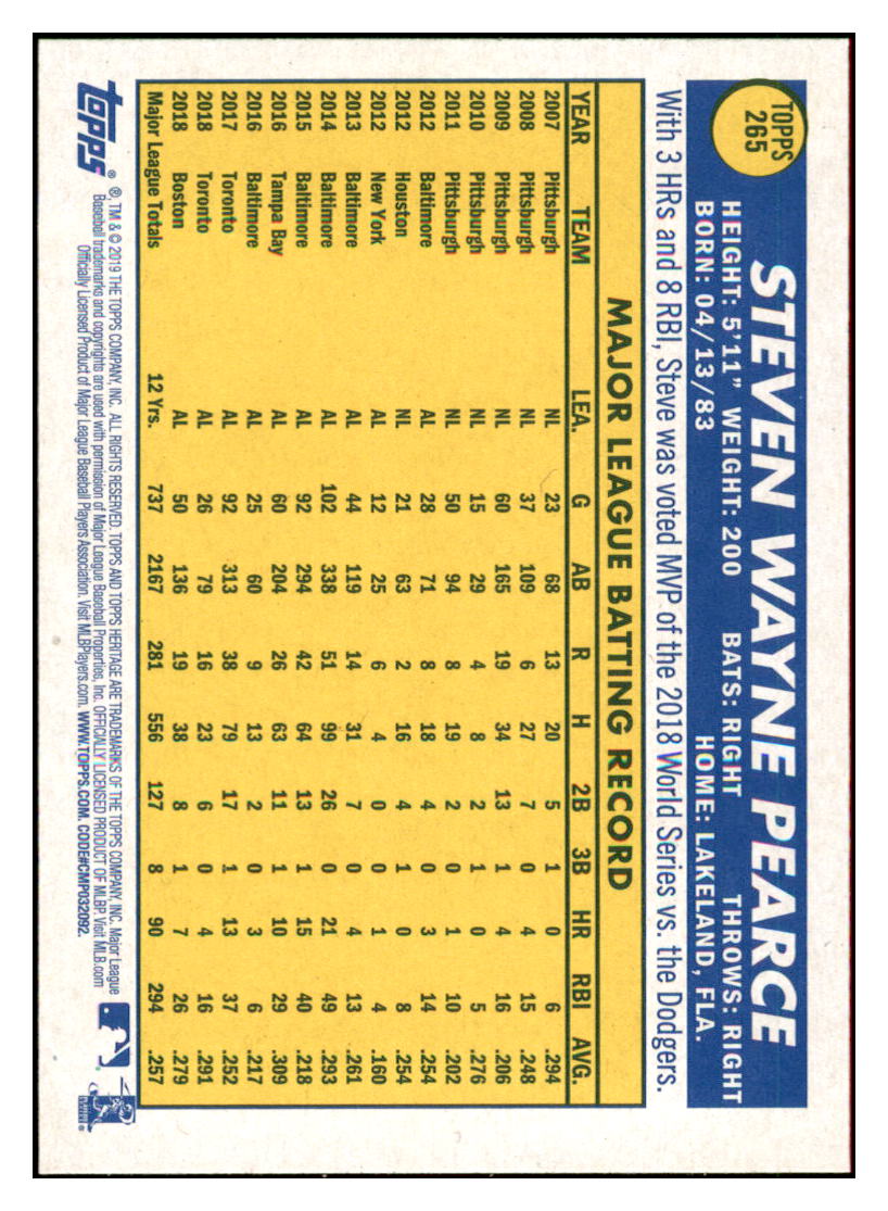 2019 Topps Heritage Steve Pearce Boston Red Sox #265 Baseball card TMH1B simple Xclusive Collectibles