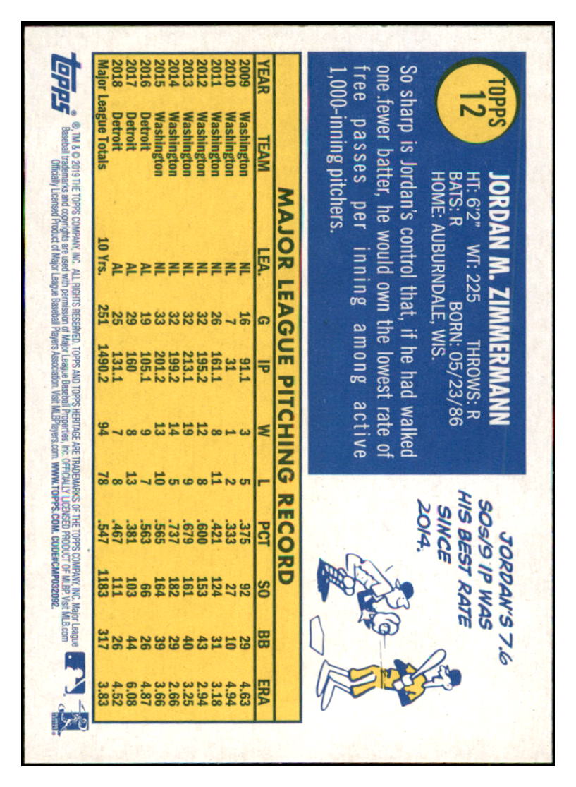 2019 Topps Heritage Jordan
Zimmermann Detroit Tigers #12
Baseball card TMH1B_1a simple Xclusive Collectibles