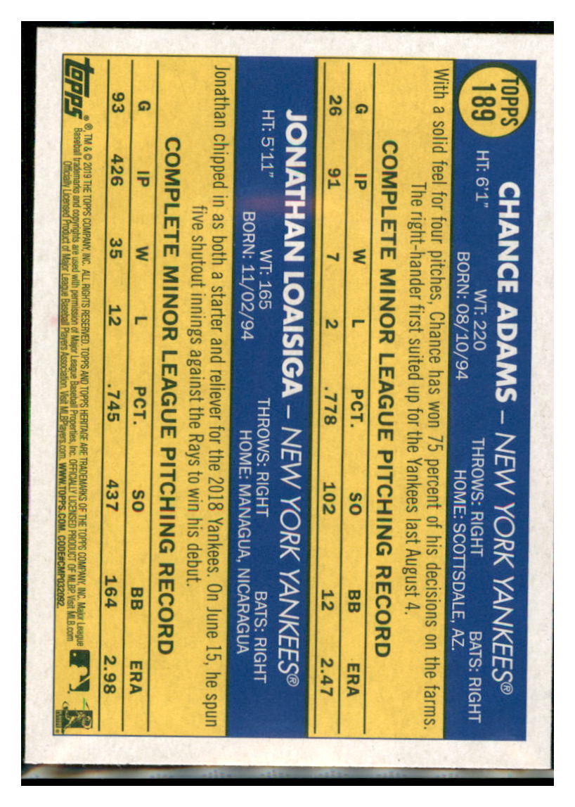 2019 Topps Heritage Chance Adams /
Jonathan Loaisiga CPC, RC, RS New
York Yankees #189 Baseball card
TMH1B simple Xclusive Collectibles