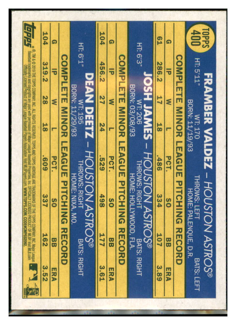 2019 Topps Heritage Dean Deetz / Framber
  Valdez / Josh James CPC, RC, RS   
  Houston Astros #400 Baseball card   
  TMH1B simple Xclusive Collectibles