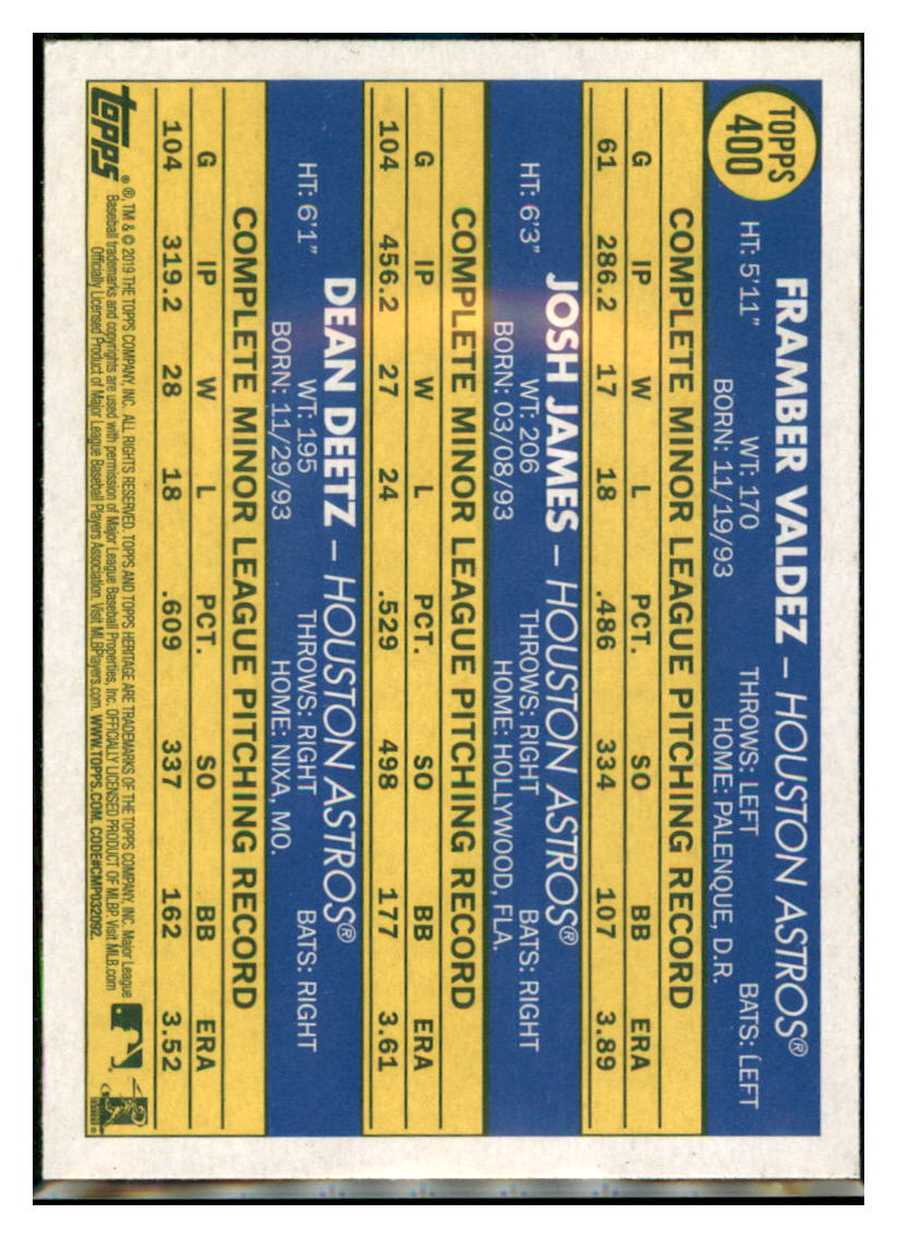 2019 Topps Heritage Dean Deetz / Framber
  Valdez / Josh James CPC, RC, RS   
  Houston Astros #400 Baseball card   
  TMH1B simple Xclusive Collectibles   