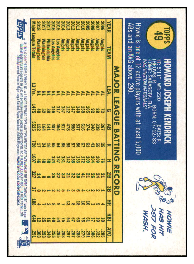 2019 Topps Heritage Howie Kendrick Washington Nationals #49 Baseball
card TMH1B simple Xclusive Collectibles