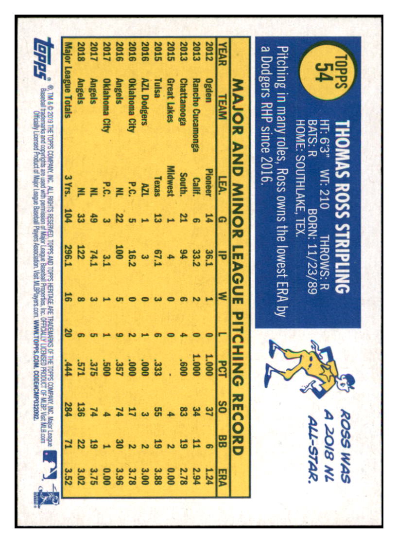 2019 Topps Heritage Ross Stripling Los Angeles Dodgers #54 Baseball
card TMH1B simple Xclusive Collectibles