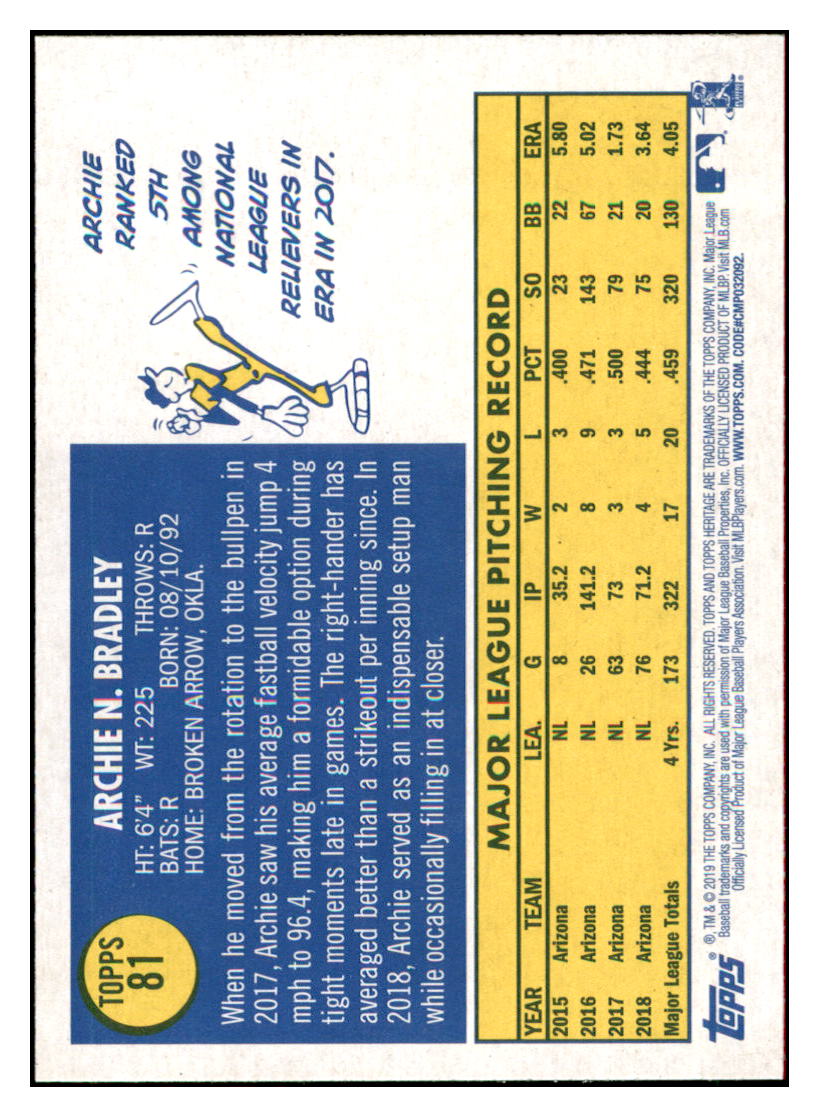 2019 Topps Heritage Archie Bradley    Arizona Diamondbacks #81 Baseball
  card    TMH1B simple Xclusive Collectibles   