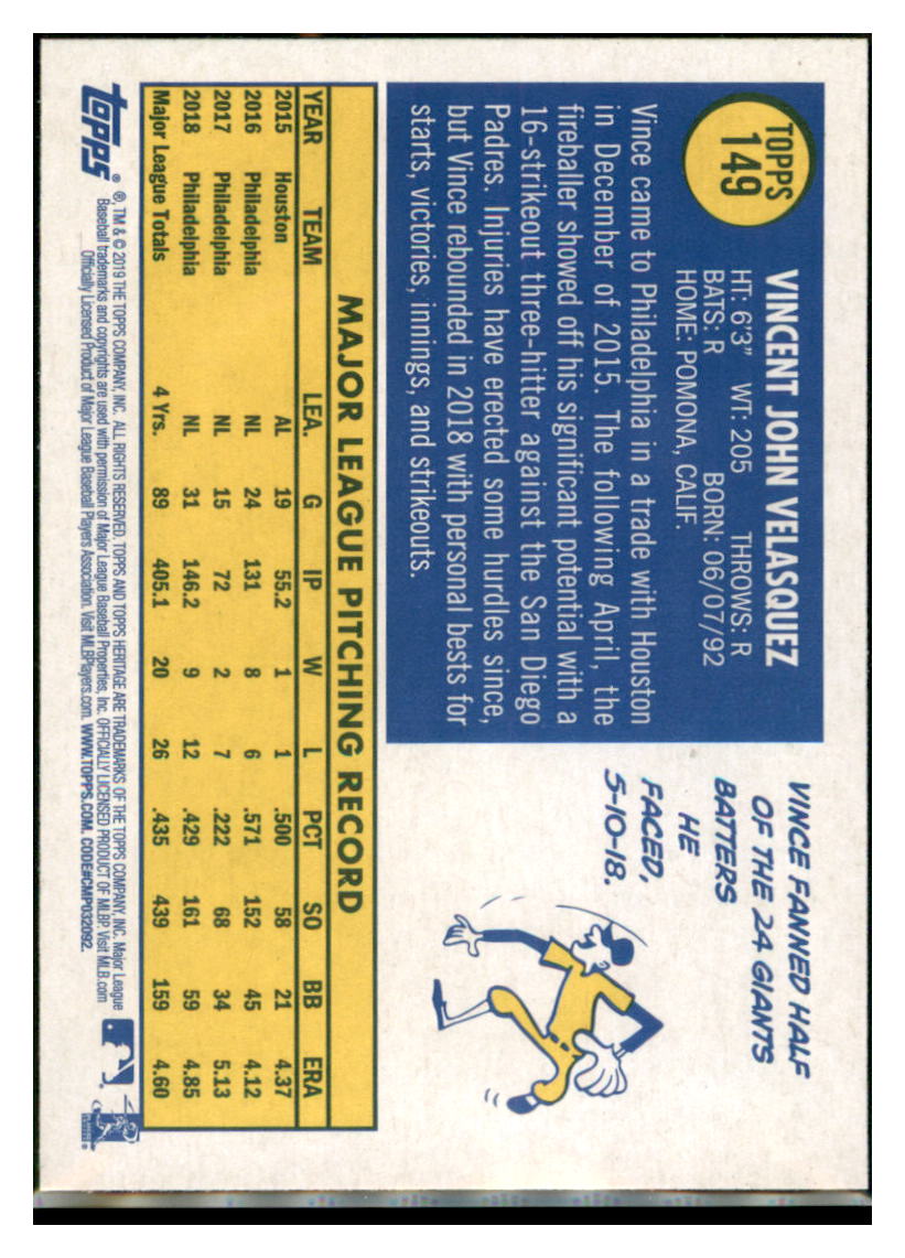 2019 Topps Heritage Vince Velasquez    Philadelphia Phillies #149 Baseball
  card    TMH1B simple Xclusive Collectibles