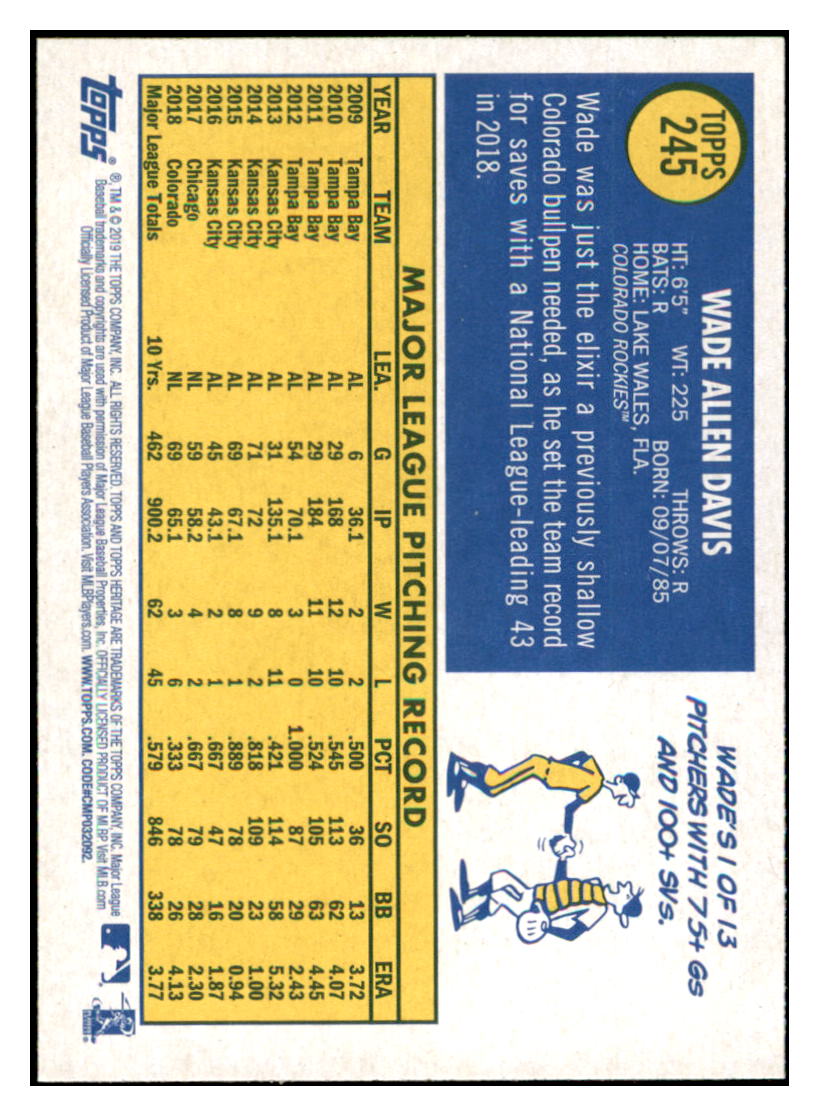 2019 Topps Heritage Wade Davis    Colorado Rockies #245 Baseball card    TMH1B simple Xclusive Collectibles