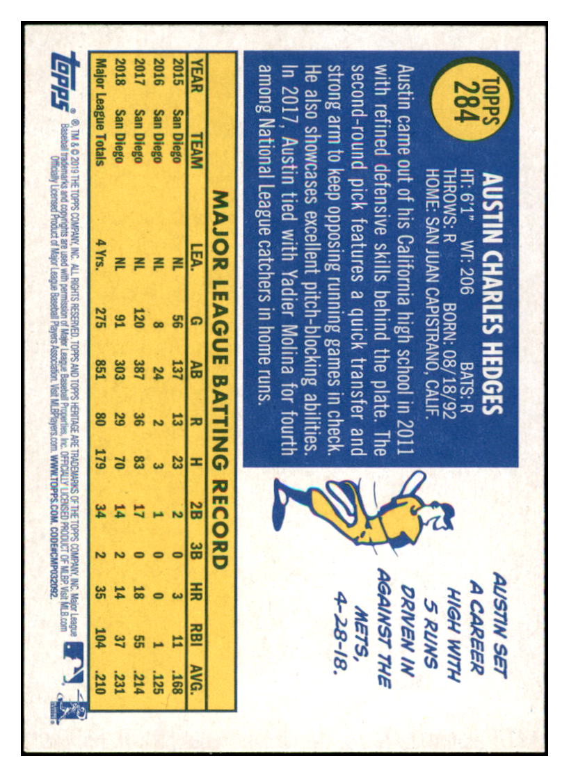 2019 Topps Heritage Austin Hedges San Diego Padres #284 Baseball card TMH1B simple Xclusive Collectibles