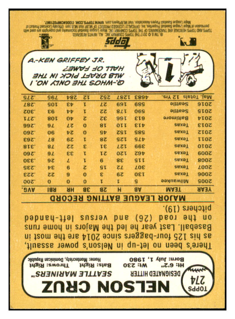 2017 Topps Heritage Nelson Cruz    Seattle Mariners #274 Baseball card    TMH1B simple Xclusive Collectibles