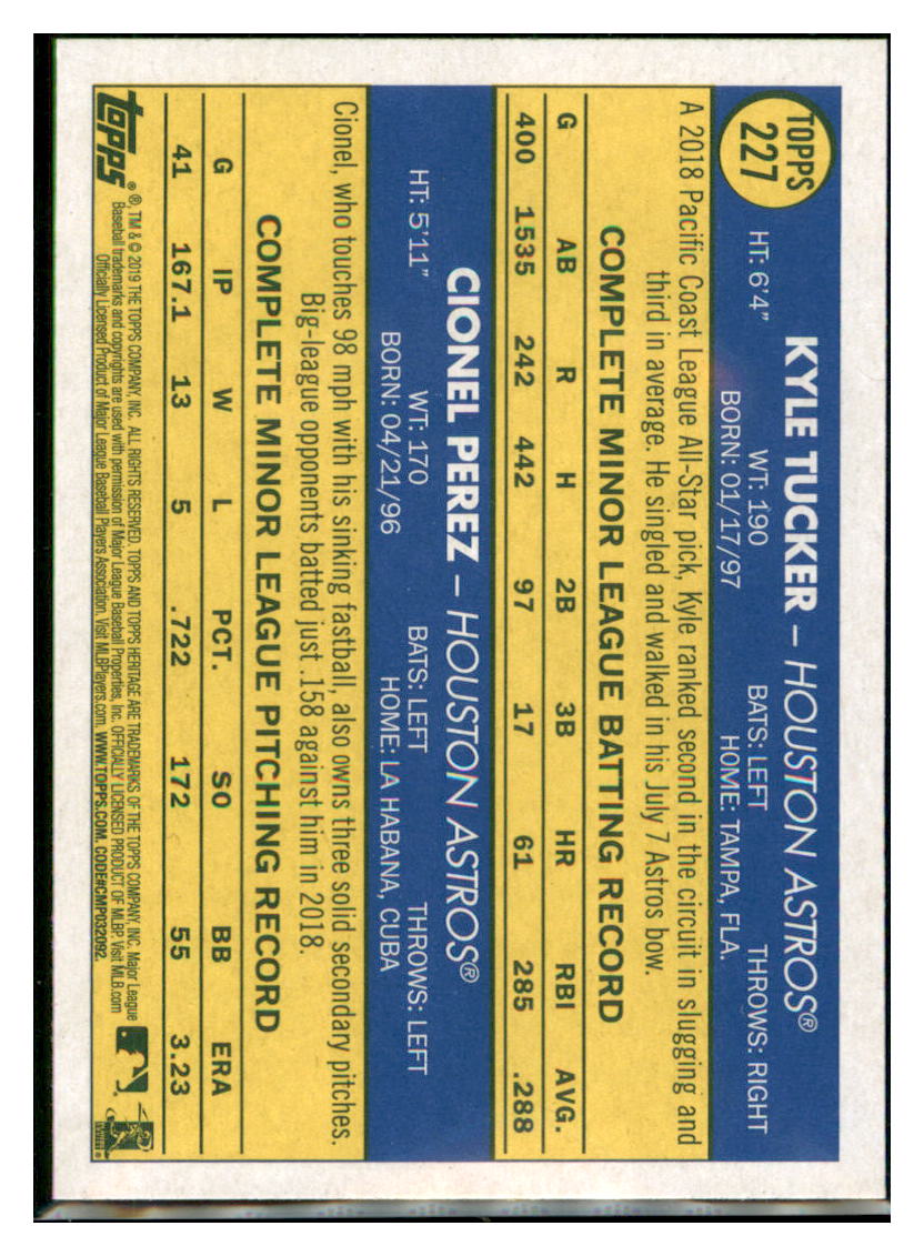 2019 Topps Heritage Kyle Tucker / Cionel
  Perez CPC, RC, RS    Houston Astros
  #227 Baseball card    TMH1B simple Xclusive Collectibles