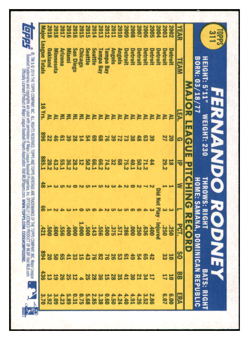 2019 Topps Heritage Fernando Rodney    Oakland Athletics #311 Baseball card    TMH1B simple Xclusive Collectibles