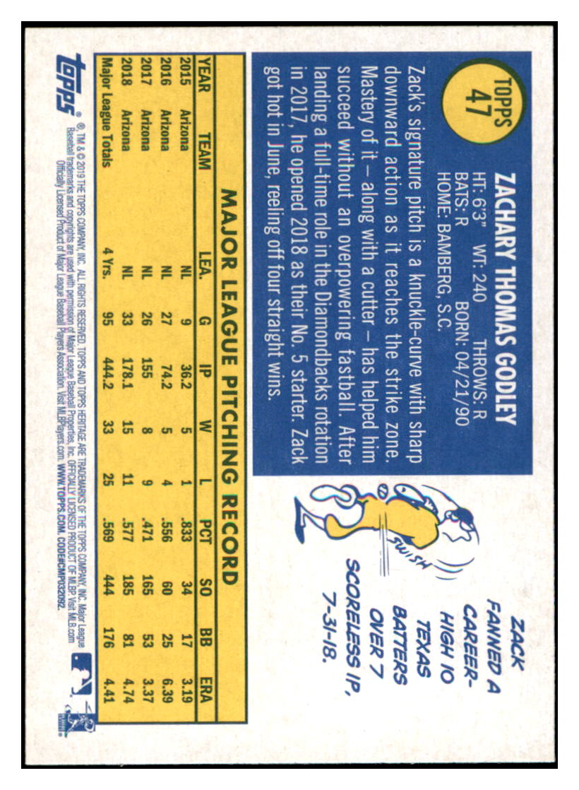 2019 Topps Heritage Zack Godley Arizona Diamondbacks #47 Baseball
card TMH1B simple Xclusive Collectibles