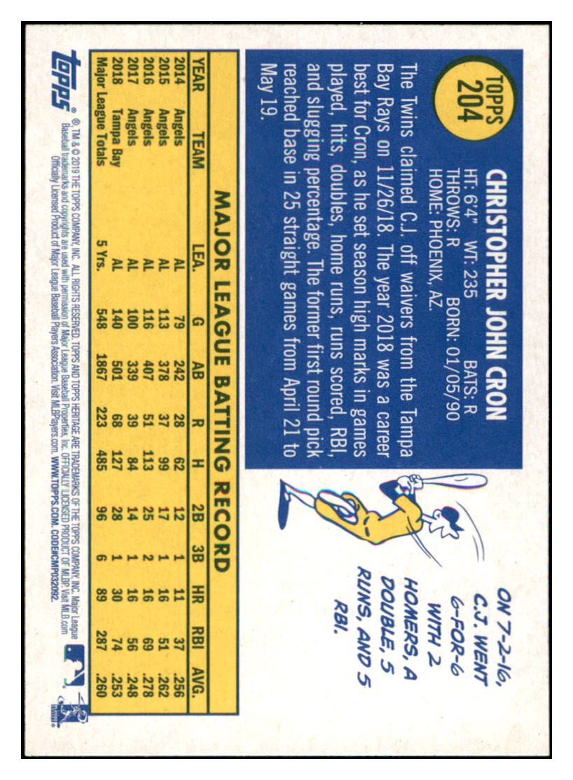 2019 Topps Heritage C.J. Cron    Minnesota Twins #204 Baseball card    TMH1B simple Xclusive Collectibles