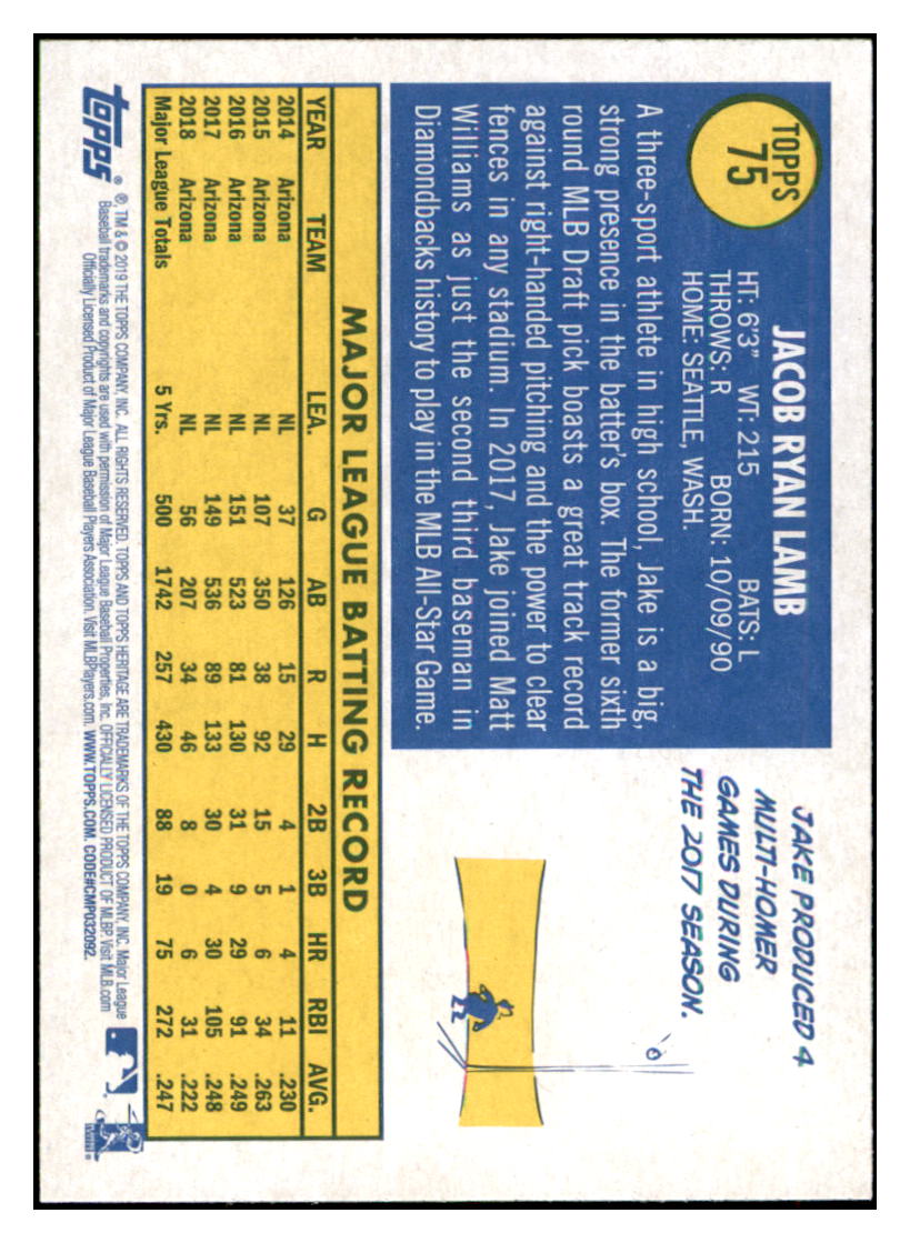 2019 Topps Heritage Jake Lamb Arizona Diamondbacks #75 Baseball
card TMH1B simple Xclusive Collectibles