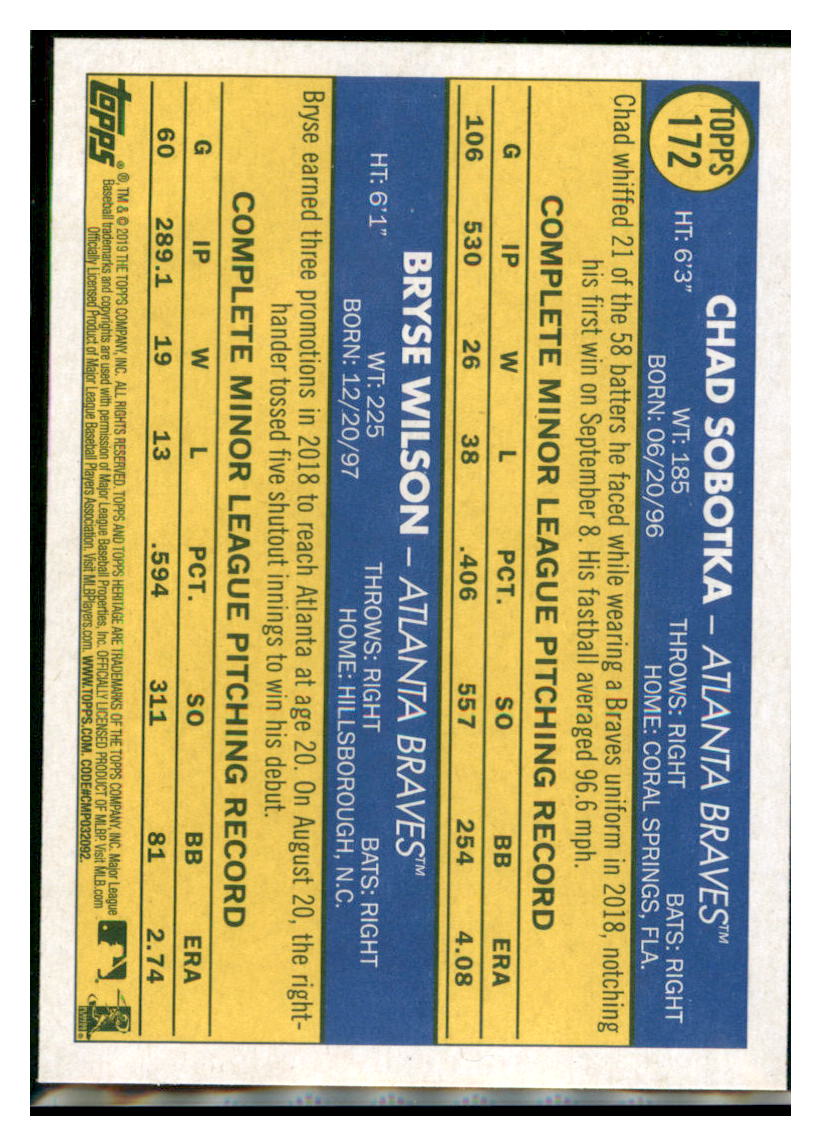 2019 Topps Heritage Chad Sobotka / Bryse
  Wilson CPC, RC, RS    Atlanta Braves
  #172 Baseball card    TMH1B_1a simple Xclusive Collectibles