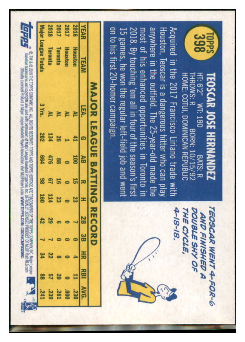 2019 Topps Heritage Teoscar
Hernandez Toronto Blue Jays #398
Baseball card TMH1B simple Xclusive Collectibles