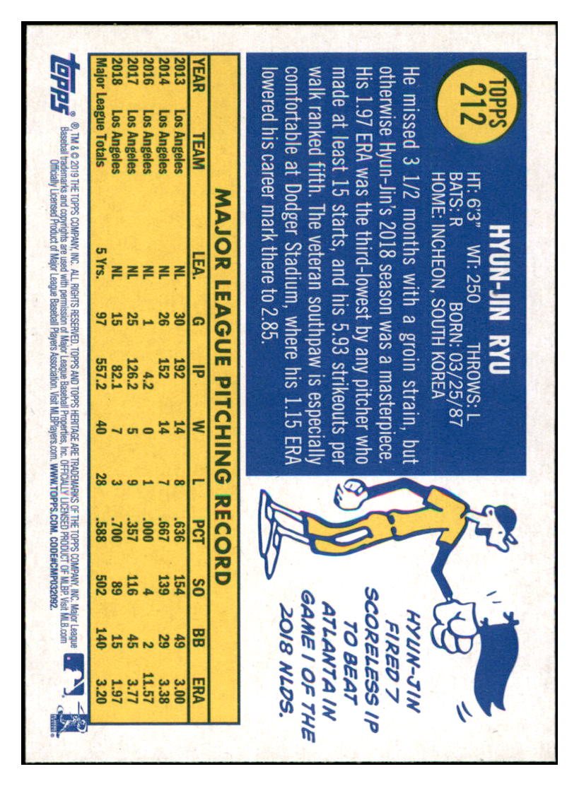 2019 Topps Heritage Hyun-Jin Ryu Los Angeles Dodgers #212 Baseball
card TMH1B simple Xclusive Collectibles