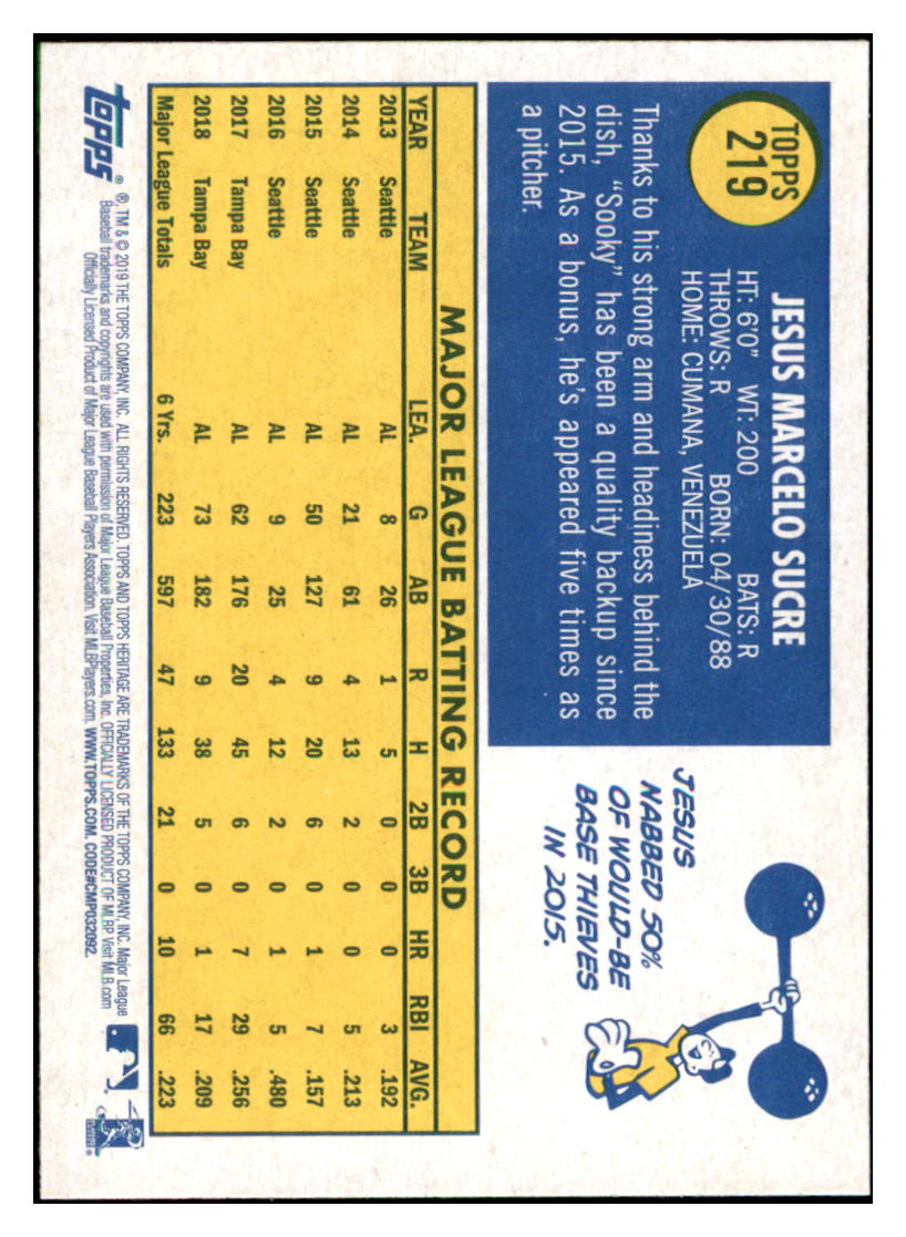 2019 Topps Heritage Jesus Sucre Tampa Bay Rays #219 Baseball card TMH1B simple Xclusive Collectibles