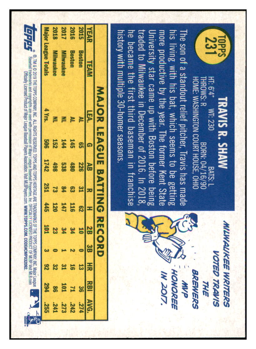2019 Topps Heritage Travis Shaw Milwaukee Brewers #231 Baseball card TMH1B_1a simple Xclusive Collectibles