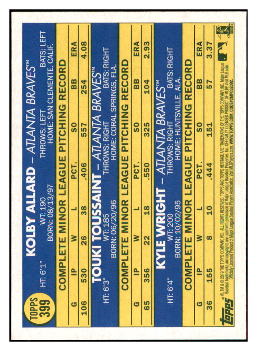 2019 Topps Heritage Kyle Wright / Touki
  Toussaint / Kolby Allard CPC, RC, RS   
  Atlanta Braves #399 Baseball card   
  TMH1B simple Xclusive Collectibles