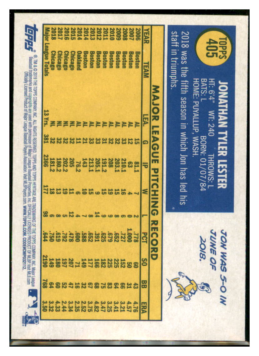 2019 Topps Heritage Jon Lester Chicago Cubs #405 Baseball card TMH1B simple Xclusive Collectibles