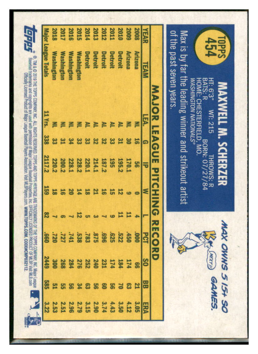 2019 Topps Heritage Max Scherzer Washington Nationals #454 Baseball
card TMH1B simple Xclusive Collectibles