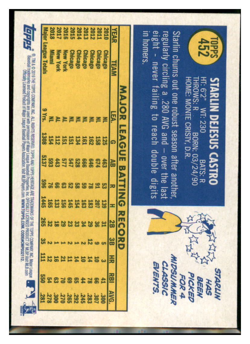 2019 Topps Heritage Starlin Castro Miami Marlins #452 Baseball card TMH1B simple Xclusive Collectibles