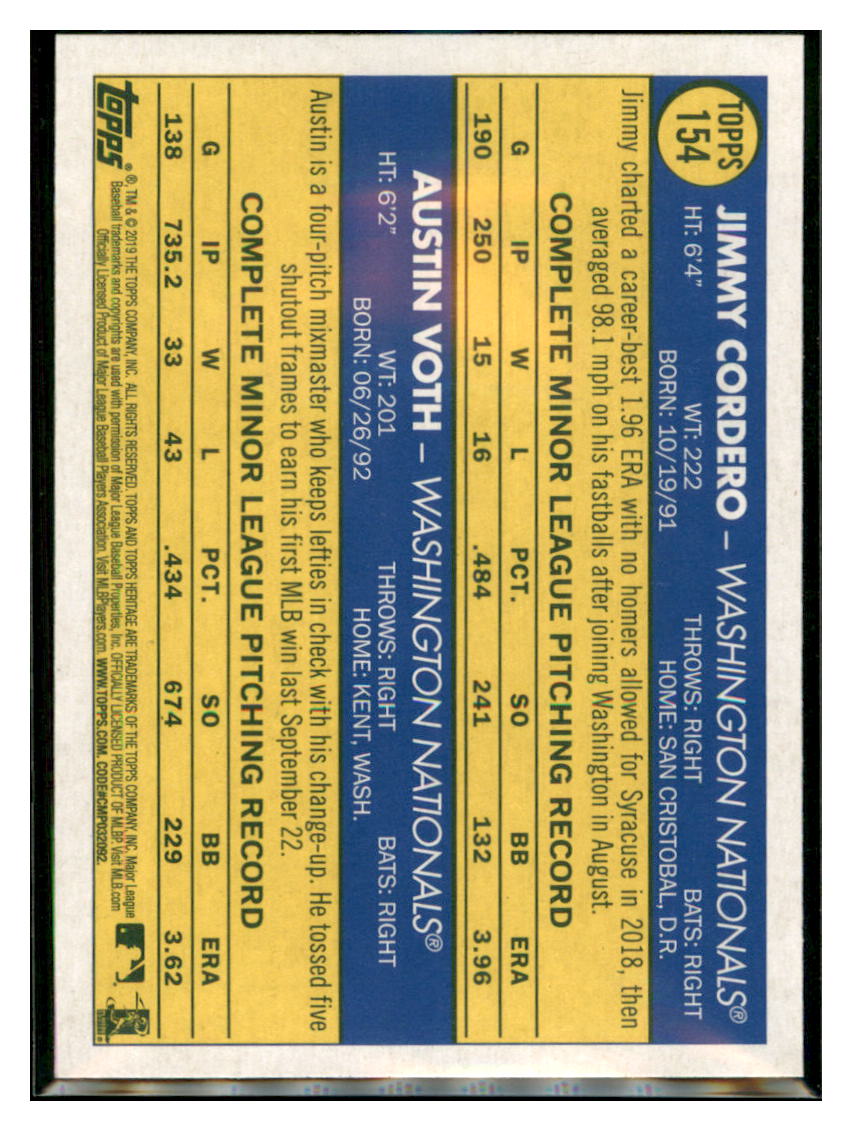 2019 Topps Heritage Austin Voth / Jimmy
Cordero CPC, RC, RS Washington
Nationals #154 Baseball card TMH1B simple Xclusive Collectibles