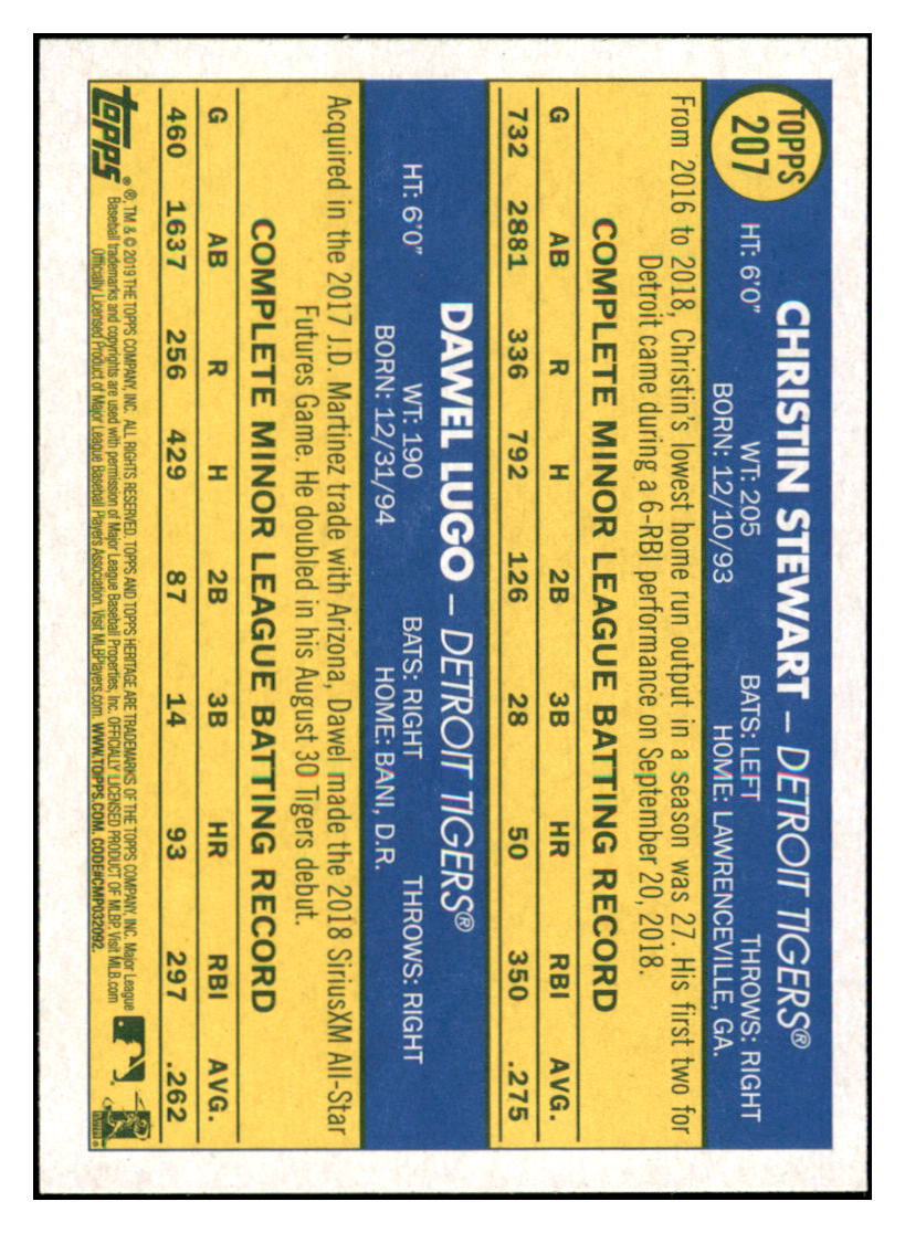 2019 Topps Heritage Dawel Lugo / Christin
Stewart CPC, RC, RS Detroit Tigers
#207 Baseball card TMH1B simple Xclusive Collectibles