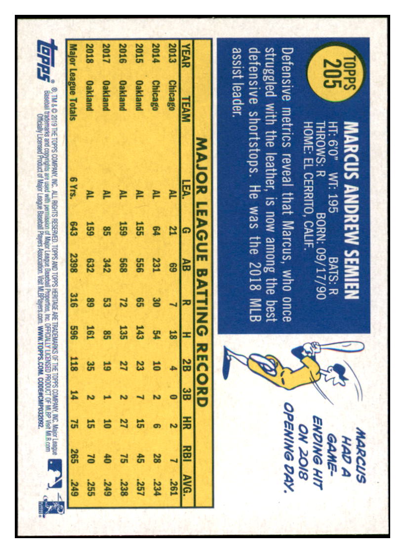 2019 Topps Heritage Marcus Semien Oakland Athletics #205 Baseball card TMH1B_1a simple Xclusive Collectibles