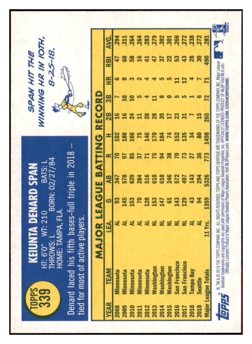 2019 Topps Heritage Denard Span Seattle Mariners #339 Baseball card TMH1B simple Xclusive Collectibles