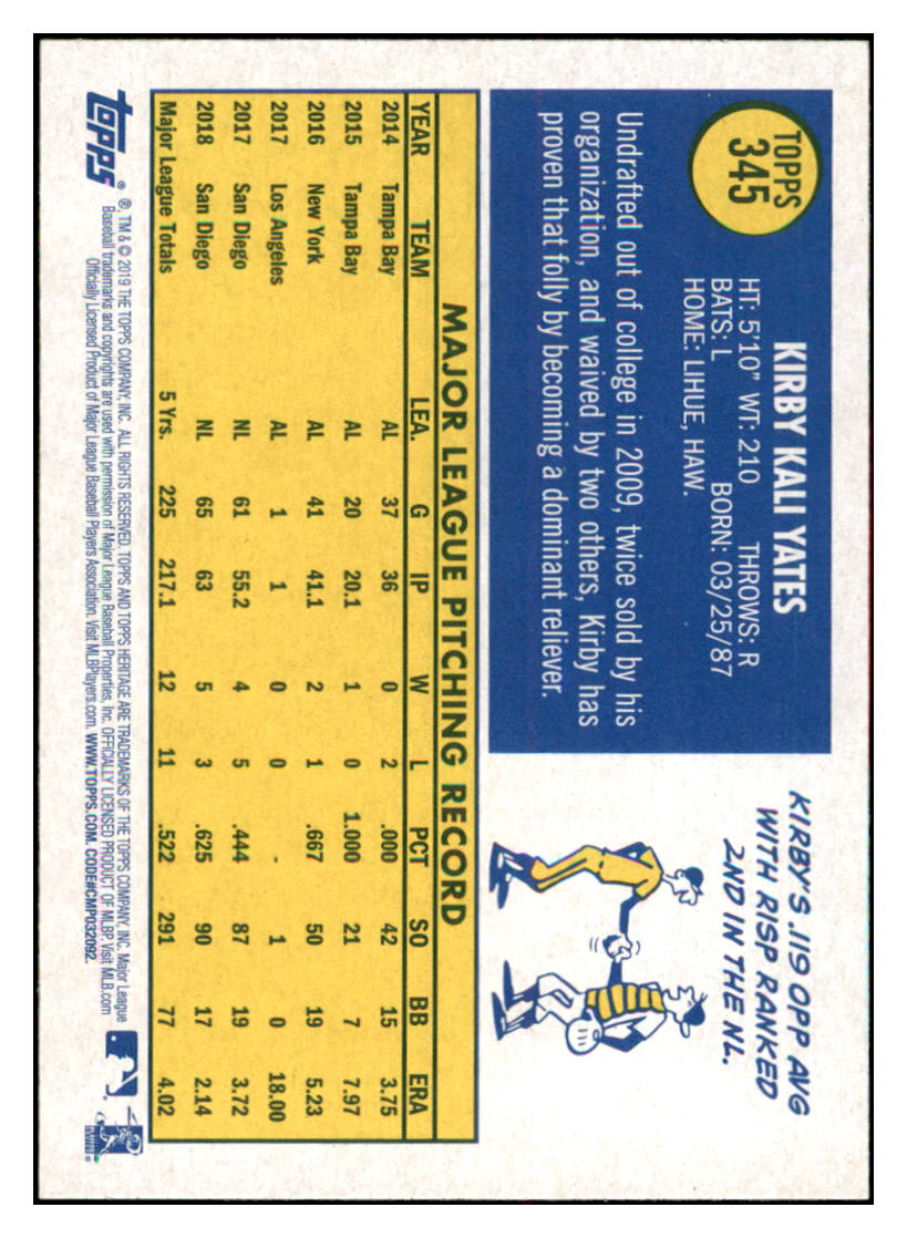 2019 Topps Heritage Kirby Yates San Diego Padres #345 Baseball card TMH1B simple Xclusive Collectibles