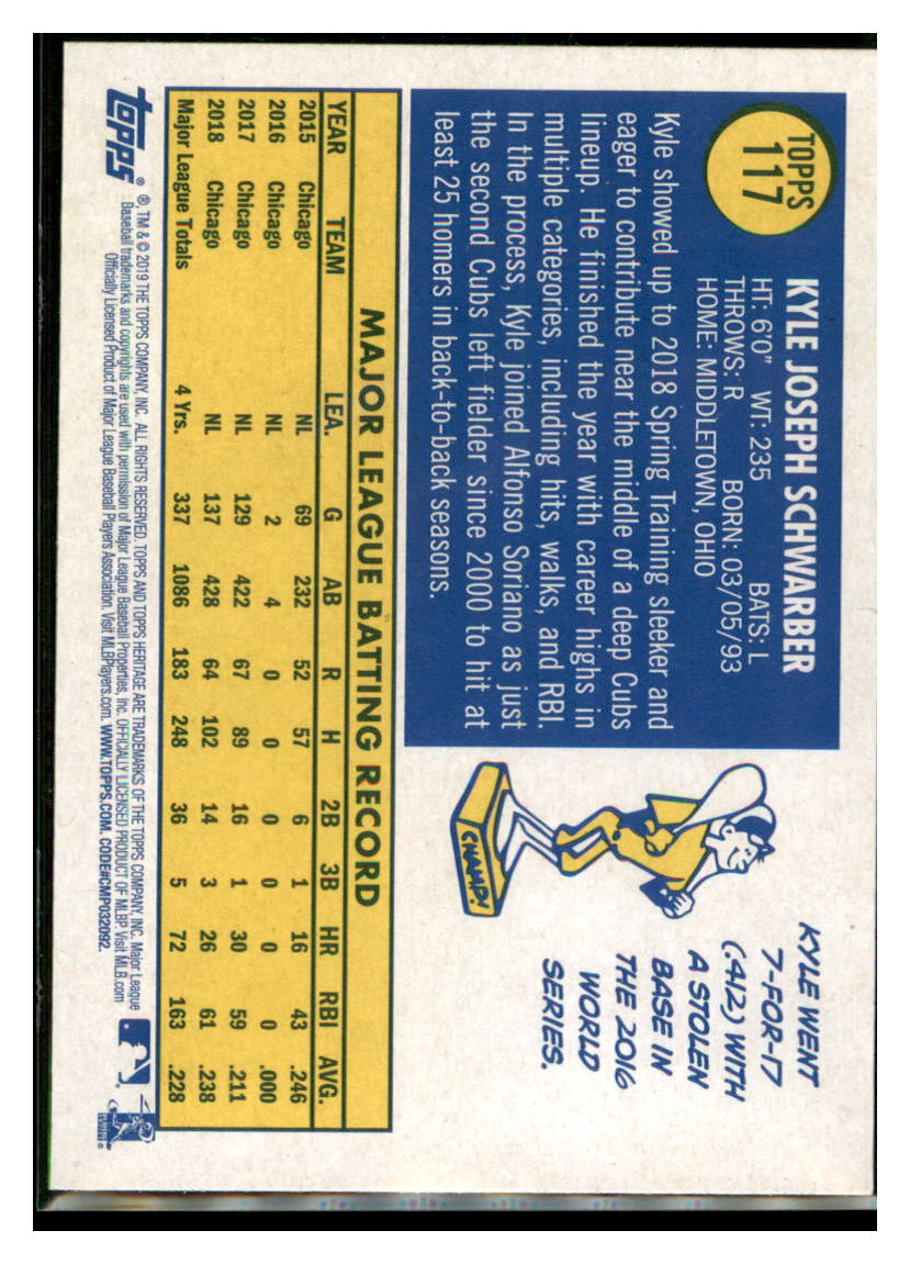 2019 Topps Heritage Kyle Schwarber Chicago Cubs #117 Baseball card TMH1B_1a simple Xclusive Collectibles