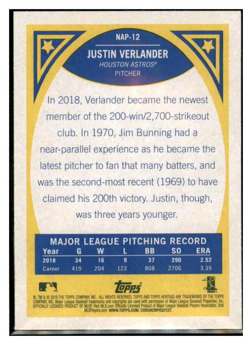 2019 Topps Heritage Justin Verlander    Houston Astros #NAP-12 Baseball card    TMH1B simple Xclusive Collectibles