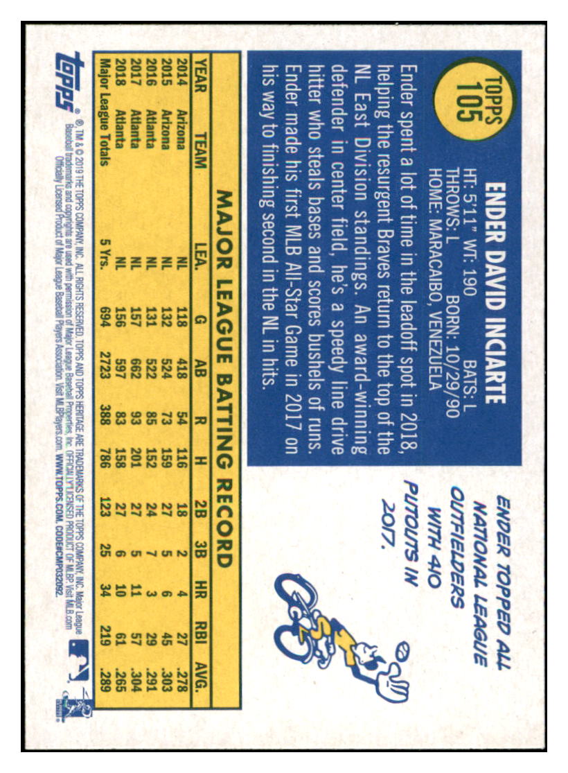 2019 Topps Heritage Ender Inciarte    Atlanta Braves #105 Baseball card    TMH1B_1a simple Xclusive Collectibles