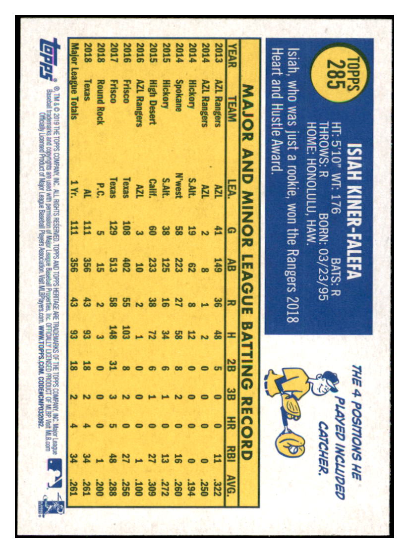 2019 Topps Heritage Isiah
Kiner-Falefa Texas Rangers #285
Baseball card TMH1B_1b simple Xclusive Collectibles