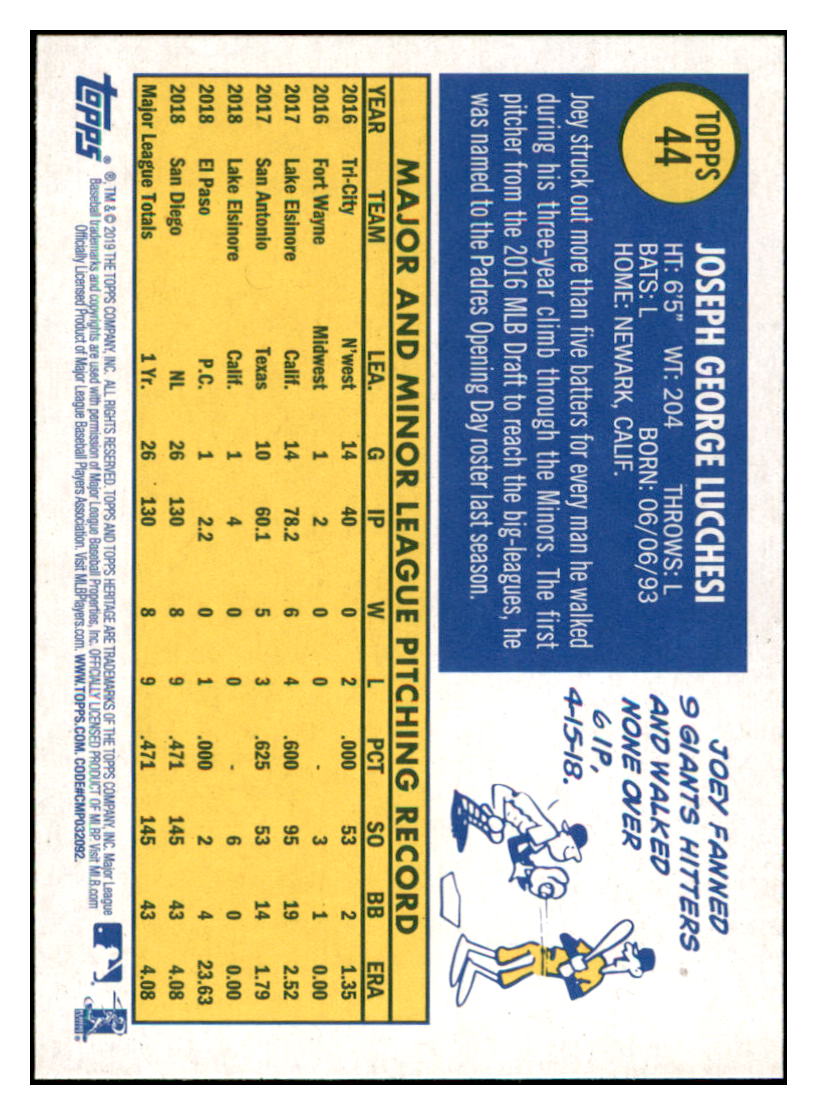 2019 Topps Heritage Joey Lucchesi San Diego Padres #44 Baseball card TMH1B simple Xclusive Collectibles