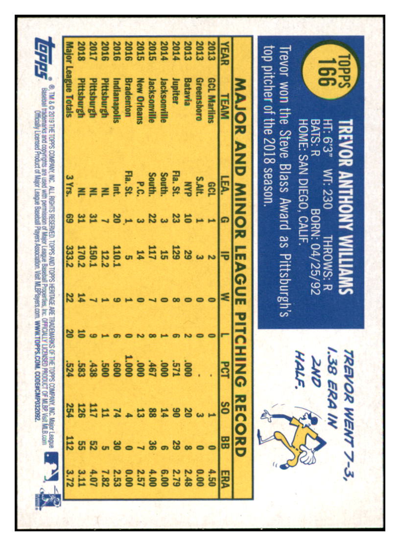2019 Topps Heritage Trevor Williams    Pittsburgh Pirates #166 Baseball
  card    TMH1B simple Xclusive Collectibles
