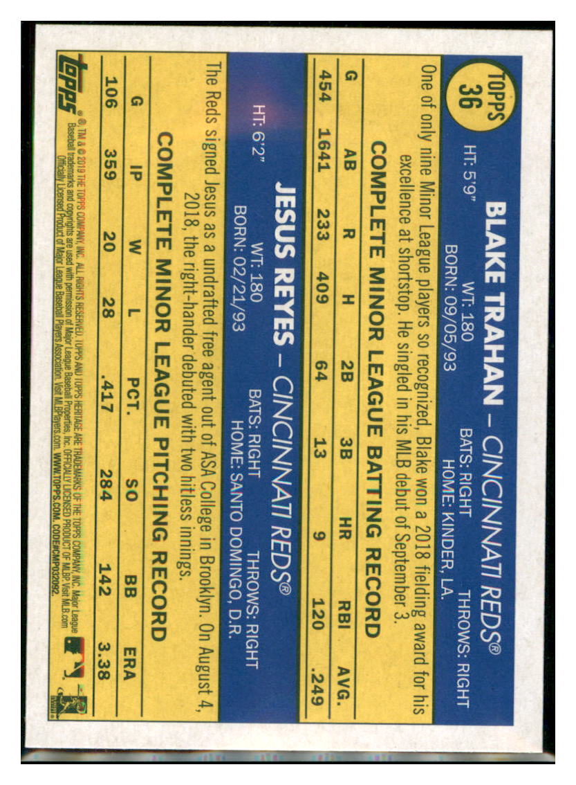 2019 Topps Heritage Blake Trahan / Jesus
Reyes RS, CPC, RC Cincinnati Reds
#36 Baseball card TMH1B simple Xclusive Collectibles