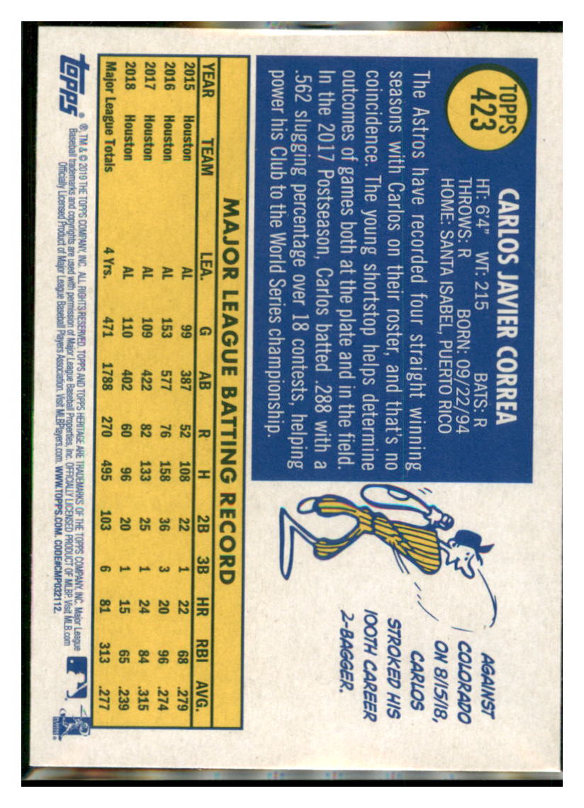 2019 Topps Heritage Carlos Correa    Houston Astros #423 Baseball card    TMH1B_1a simple Xclusive Collectibles
