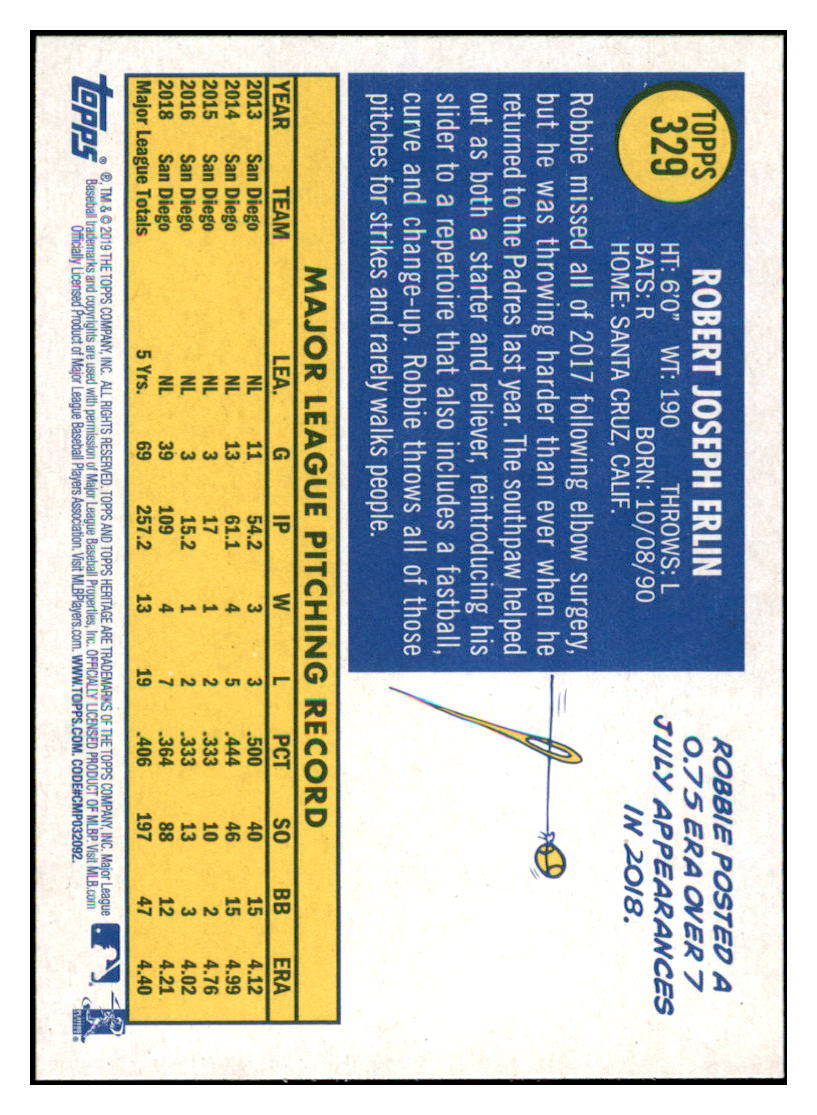 2019 Topps Heritage Robbie Erlin San Diego Padres #329 Baseball card TMH1B simple Xclusive Collectibles