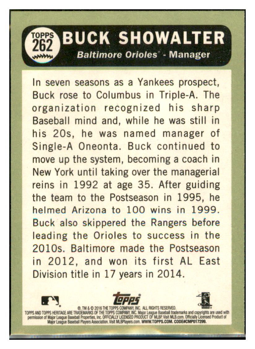 2016 Topps Heritage Buck Showalter    Baltimore Orioles #262 Baseball card    TMH1B simple Xclusive Collectibles