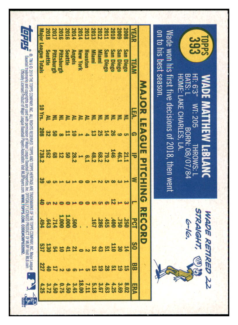 2019 Topps Heritage Wade LeBlanc Seattle Mariners #393 Baseball card TMH1B simple Xclusive Collectibles