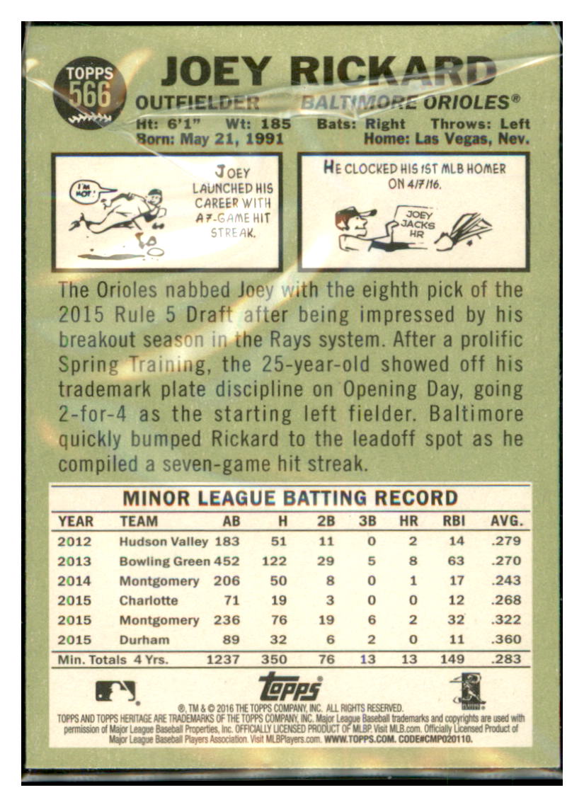 2016 Topps Heritage Joey Rickard    Baltimore Orioles #566 Baseball card    TMH1B simple Xclusive Collectibles