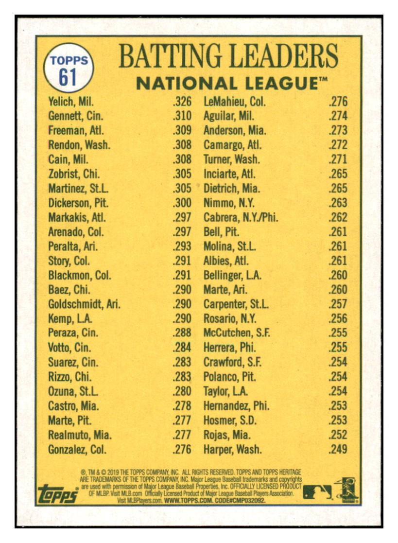 2019 Topps Heritage Christian Yelich /
Freddie Freeman / Scooter Gennett CPC, LL
Milwaukee Brewers / Atlanta Braves / Cincinnati Reds #61 Baseball
card TMH1B_1a simple Xclusive Collectibles