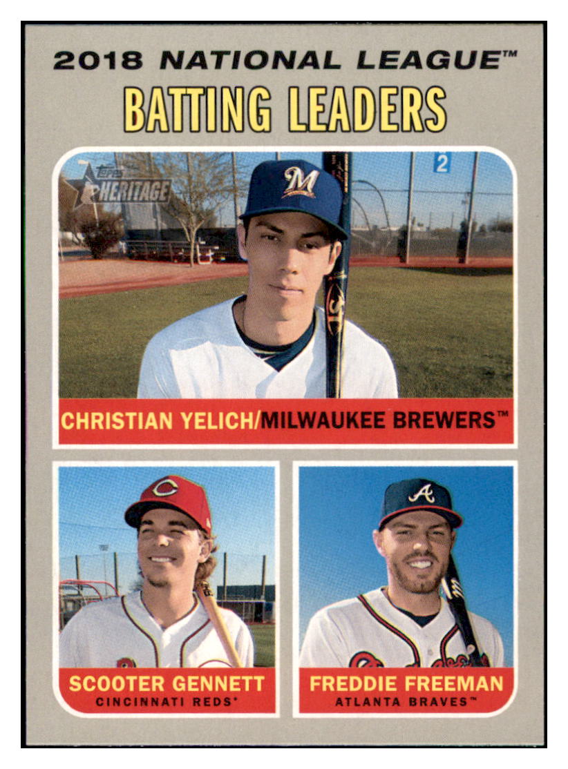 2019 Topps Heritage Christian Yelich /
  Freddie Freeman / Scooter Gennett CPC, LL   
  Milwaukee Brewers / Atlanta Braves / Cincinnati Reds #61 Baseball
  card    TMH1B_1a simple Xclusive Collectibles   